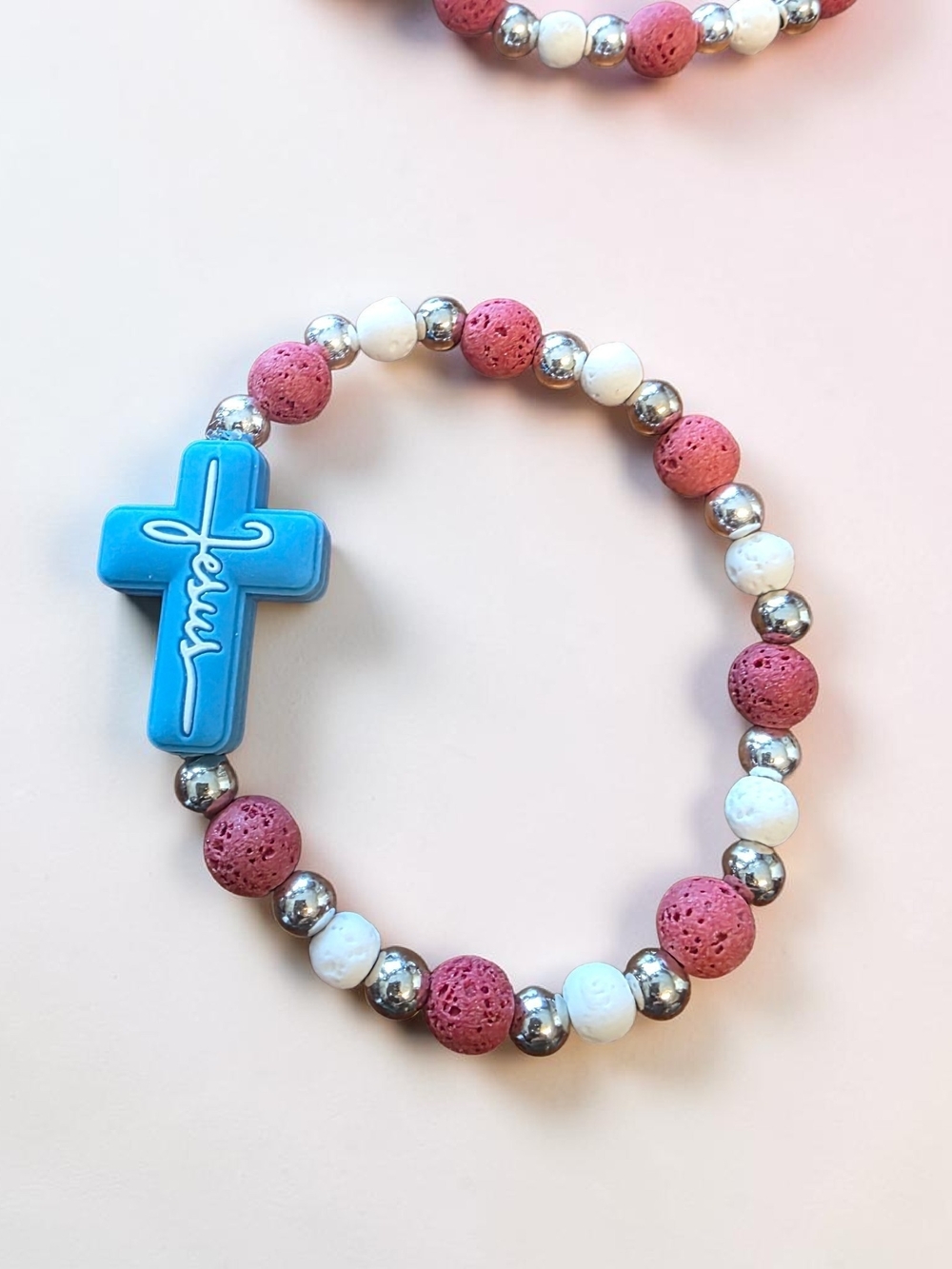 Handmade Jesus Cross Lava Stone Stretch Bracelet Red White Silver NWT
